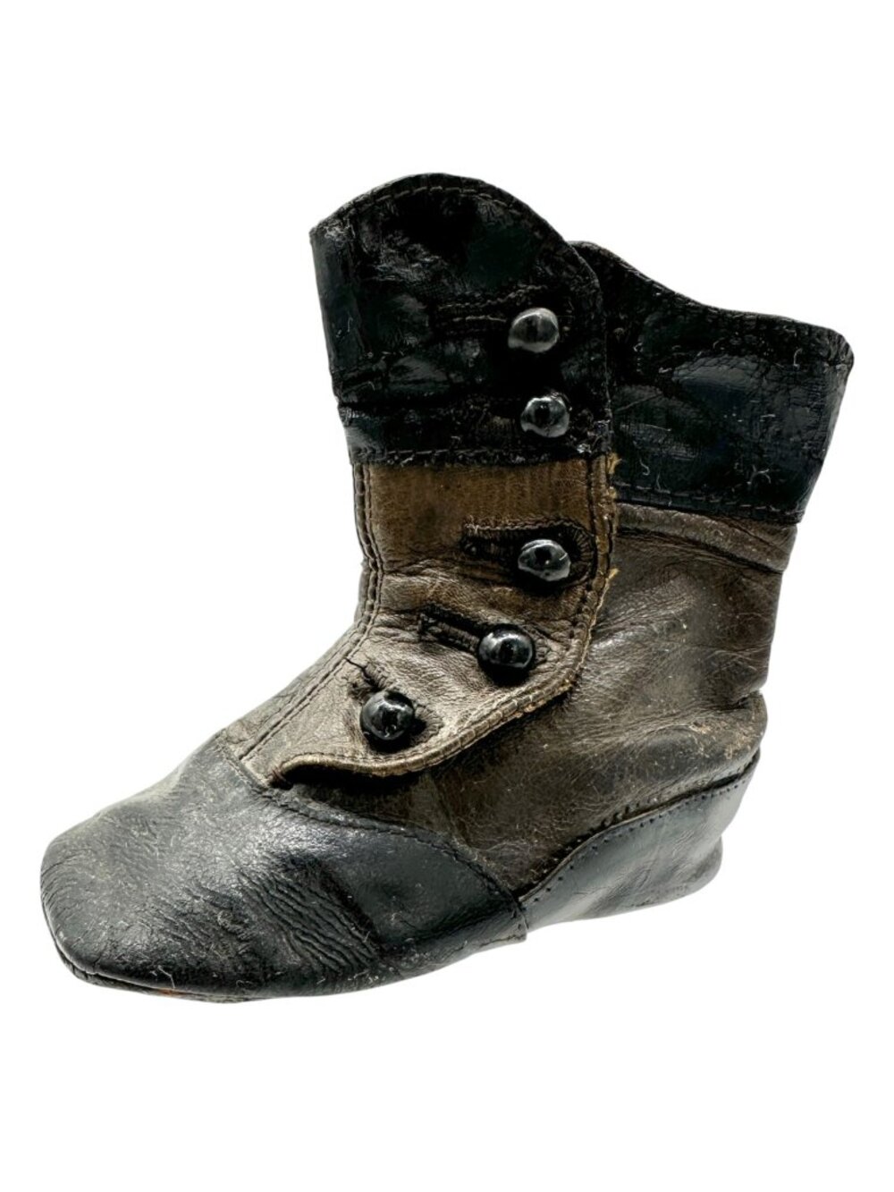 Vintage Childs Leather Button Boot Black Brown 4 Inch Antique Victorian Era Shoe